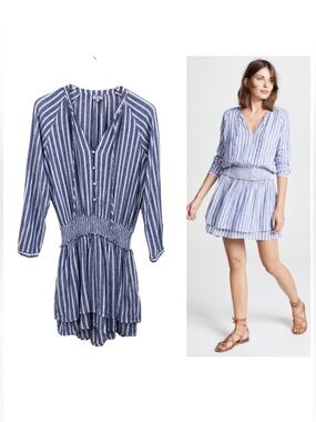 Rails | Linen Blend Long Sleeve Blue White Stripe Tiered Mini Dress Medium Boho